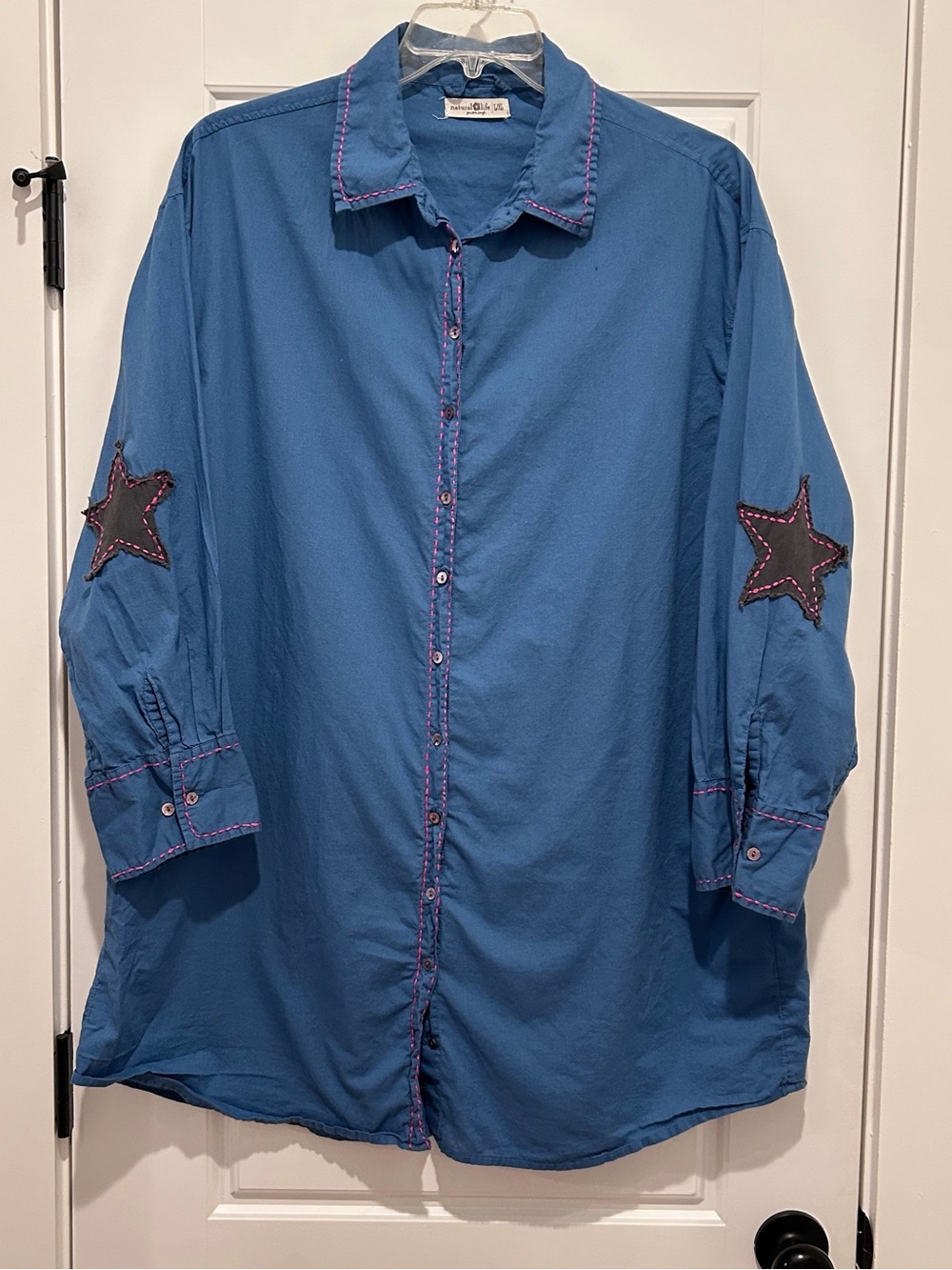 NATURAL LIFE 100% Cotton Blue Button-Down Tunic/Dress- Dark Star Elbow Patches